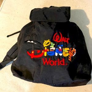 VTG Rare 90s Walt Disney World Backpack black drawstring wVelcro cover embroid